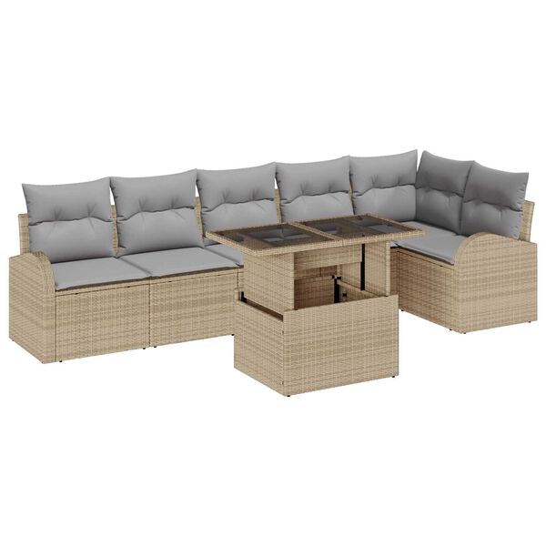 vidaXL Garten-Sofa-Set mit Kissen mit Speicher 7 pcs Beige Poly Rattan