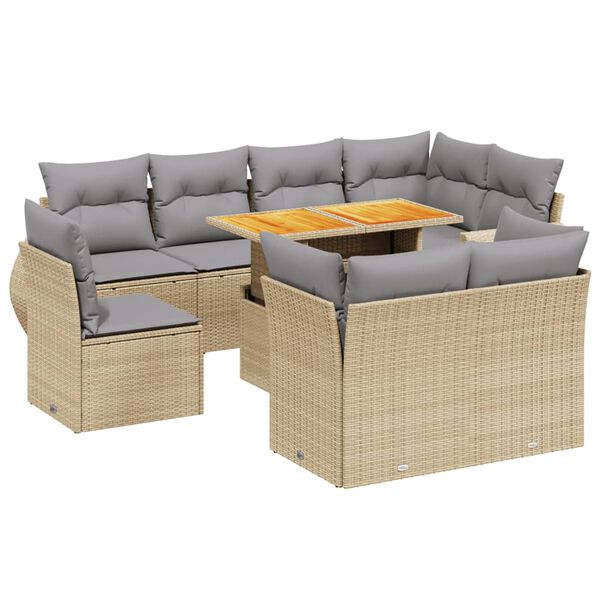 vidaXL 9-tlg. Garten-Sofagarnitur mit Kissen Beige Poly Rattan