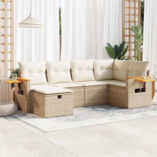 vidaXL 6-tlg. Garten-Sofagarnitur mit Kissen Beige Poly Rattan