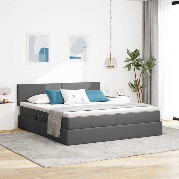 vidaXL Bett mit LED-Lichtleisten Dunkelgrau 200 x 200 cm Stoff