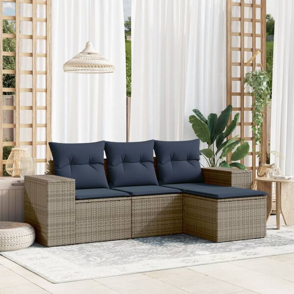 vidaXL 4-teiliges Gartensofa-Set mit Kissen, grau, Polyrattan