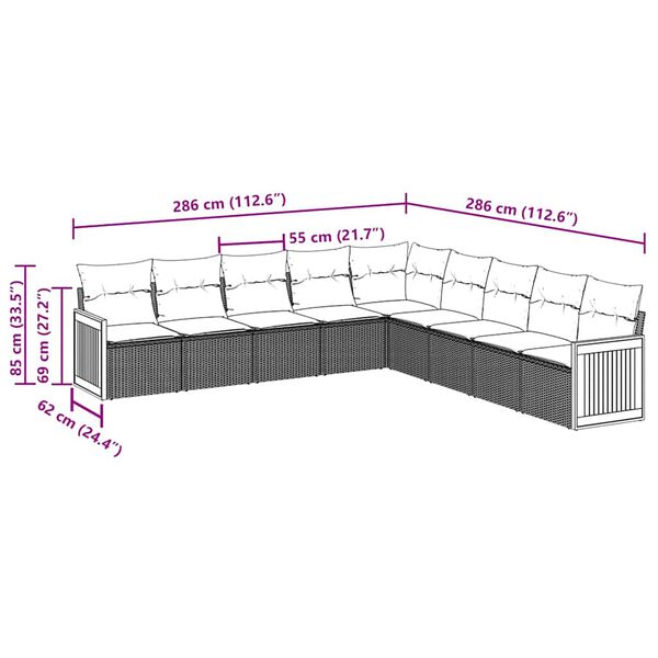 vidaXL 9-tlg. Garten-Sofagarnitur mit Kissen Schwarz Poly Rattan