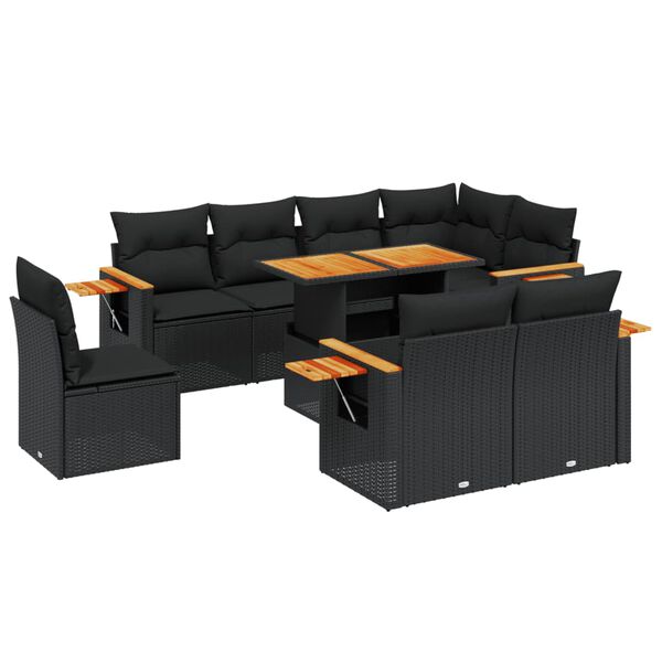 vidaXL 9-tlg. Garten-Sofagarnitur mit Kissen Schwarz Poly Rattan