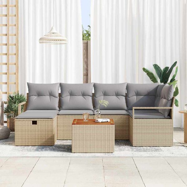 vidaXL Garten-Sofa-Set mit Kissen mit Speicher 7 pcs Beige Poly Rattan