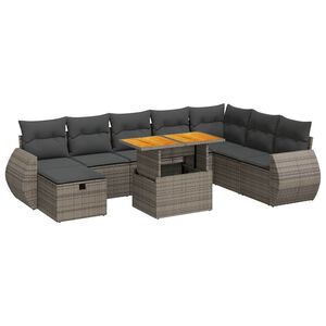 vidaXL 9-tlg. Garten-Sofagarnitur mit Kissen Grau Poly Rattan Akazie