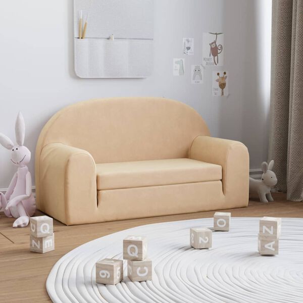vidaXL 2-Sitzer Kindersofa mit Schlaffunktion Creme Weicher Pl&uuml;sch