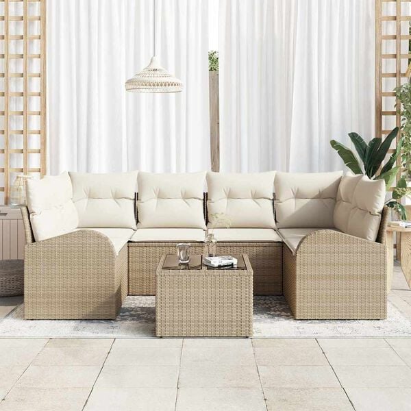 vidaXL Garten-Sofa-Set mit Kissen mit Speicher 7 pcs Beige und Creme