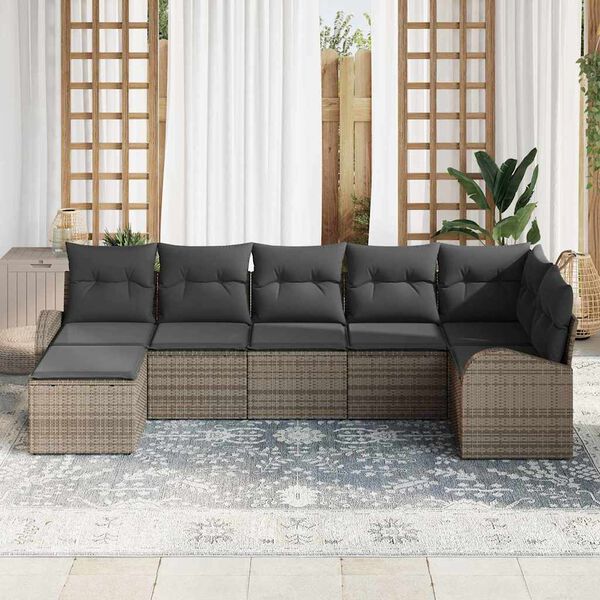 vidaXL Sofa Set mit Kissen mit Speicher 7 pcs Grau Poly-Rattan