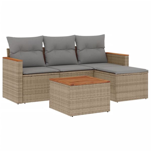 vidaXL 5-tlg. Garten-Sofagarnitur mit Kissen Beige Poly Rattan