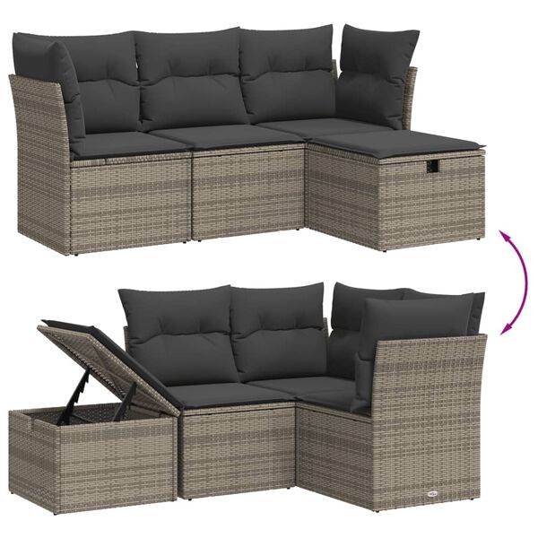 vidaXL 4-tlg. Garten-Sofagarnitur mit Kissen Grau Poly Rattan