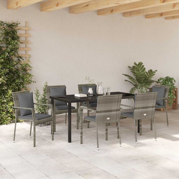 vidaXL Garten Essgruppe mit Kissen 7 pcs Grau Poly-Rattan