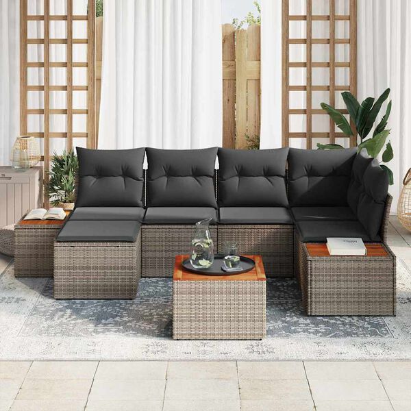 vidaXL Garten-Sofa-Set mit Kissen 7 pcs Grau Poly Rattan