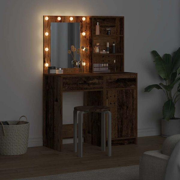 vidaXL Schminktischset mit LED mit Regal 2 pcs Altholz Holzwerkstoff