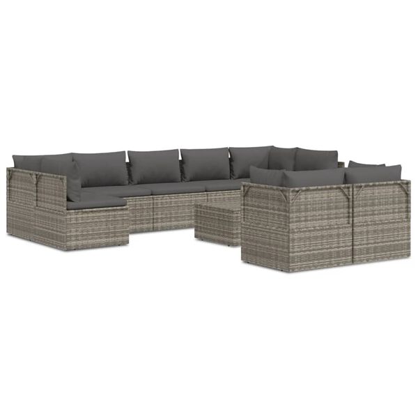 vidaXL 10-tlg. Garten-Lounge-Set mit Kissen Grau Poly Rattan