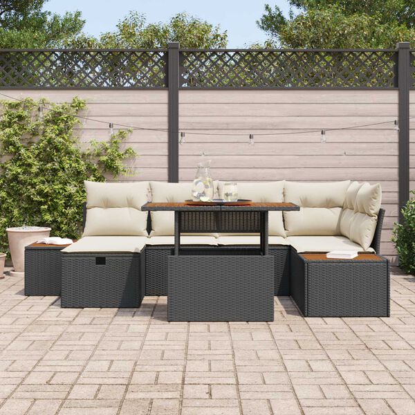 vidaXL Garten-Sofa-Set mit Kissen 7 pcs Schwarz Poly Rattan