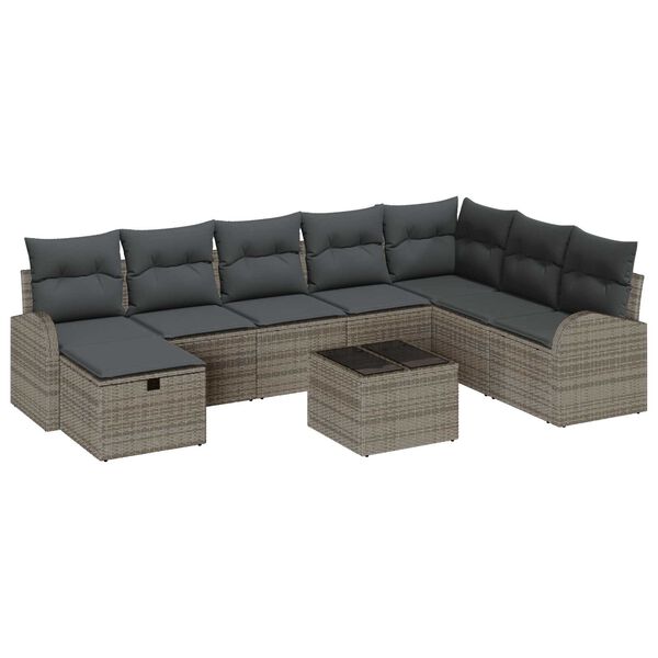 vidaXL Sofa Set mit Kissen mit Speicher 9 pcs Grau Poly-Rattan