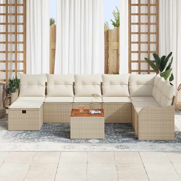vidaXL Garten-Sofa-Set mit Kissen mit Speicher 9 pcs Beige Poly Rattan