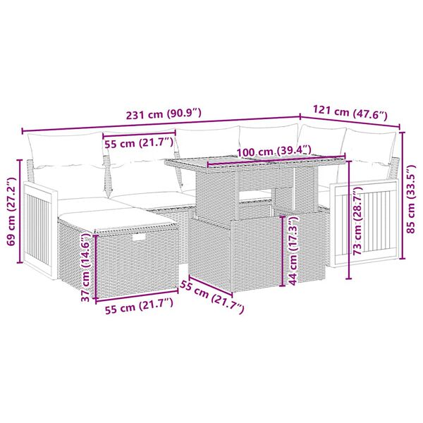 vidaXL 7-tlg. Garten-Sofagarnitur mit Kissen Beige Poly Rattan