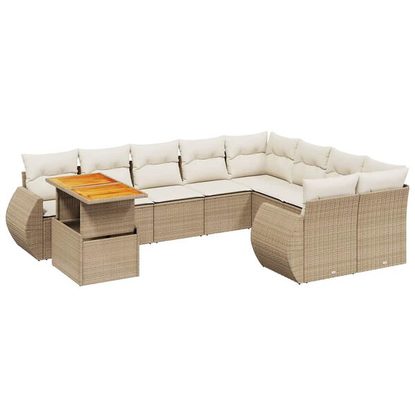 vidaXL 10-tlg. Garten-Sofagarnitur mit Kissen Beige Poly Rattan