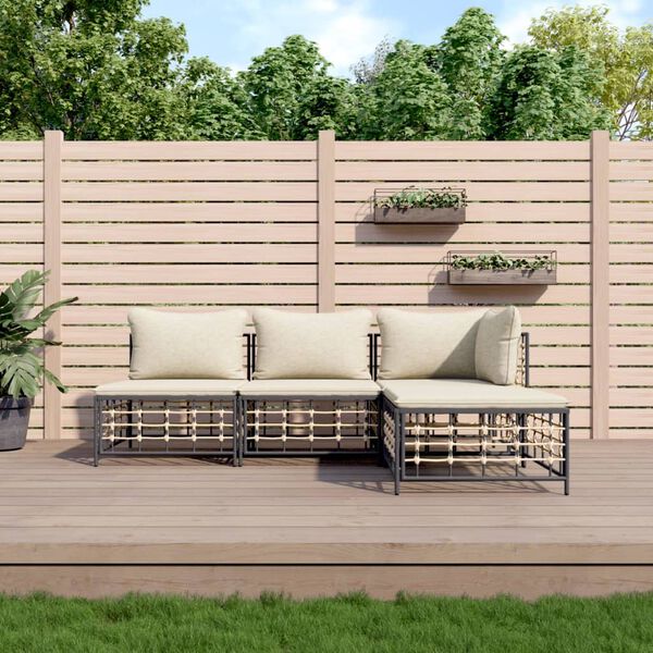 vidaXL 4-tlg. Garten-Lounge-Set mit Kissen Anthrazit Poly Rattan