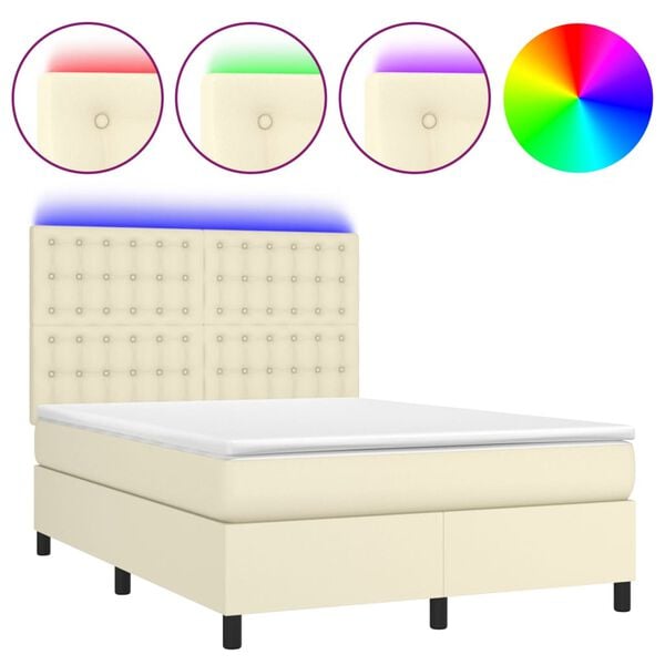 vidaXL Boxspringbett mit Matratze & LED Creme 140x190 cm Kunstleder