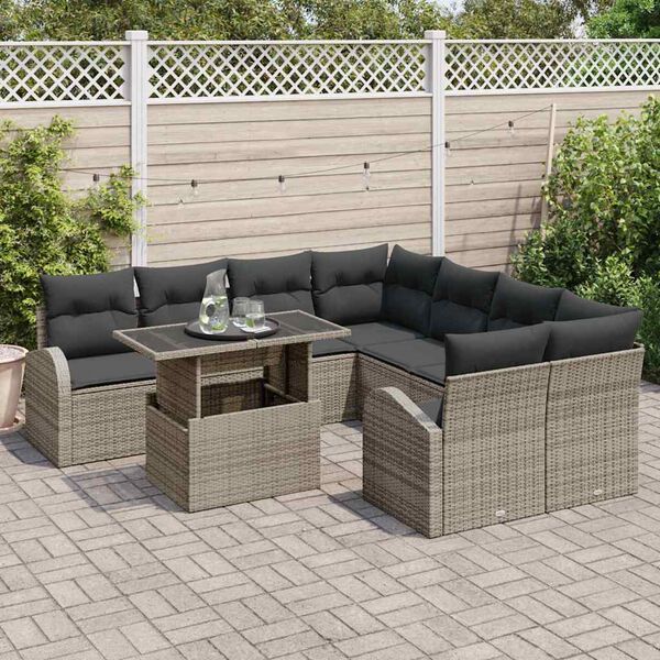 vidaXL Garten-Sofa-Set mit Kissen mit Speicher 9 pcs Grau Poly Rattan
