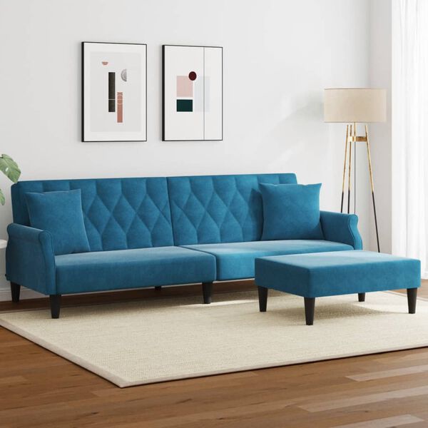 vidaXL Schlafsofa 2-Sitzer mit Kissen und Fu&szlig;hocker Blau Samt