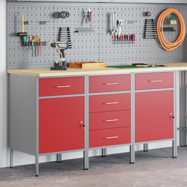 vidaXL Werkbank mit Schubladen 3 pcs Rot und Grau 75 x 45 x 85 cm
