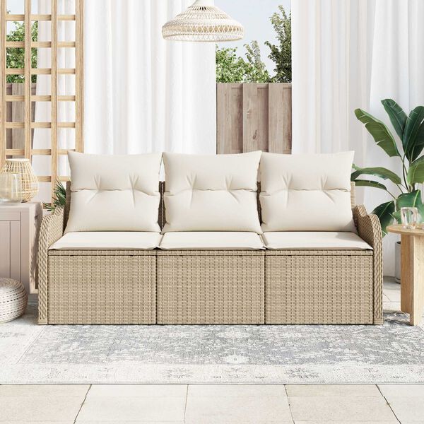 vidaXL Garten-Sofa-Set mit Kissen mit Speicher 3 pcs Beige Poly Rattan