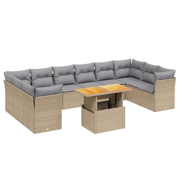 vidaXL 11-tlg. Garten-Sofagarnitur mit Kissen Beige Poly Rattan