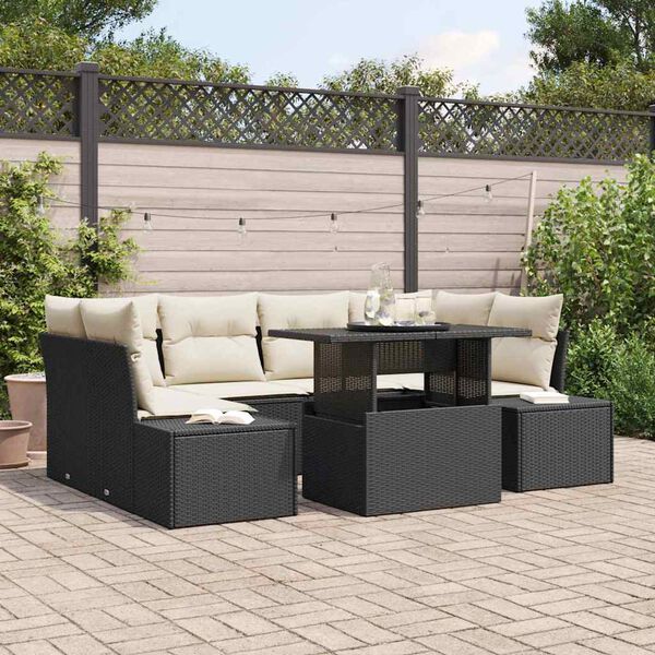 vidaXL Sofa Set mit Kissen 7 pcs Schwarz und Creme Poly-Rattan
