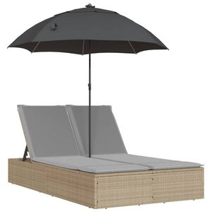 vidaXL Doppel-Sonnenliege mit Kissen & Sonnenschirm Beige Poly Rattan