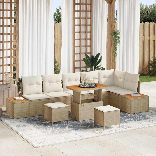 vidaXL Gartensofa-set mit Kissen mit Speicher 9 pcs Beige Poly Rattan