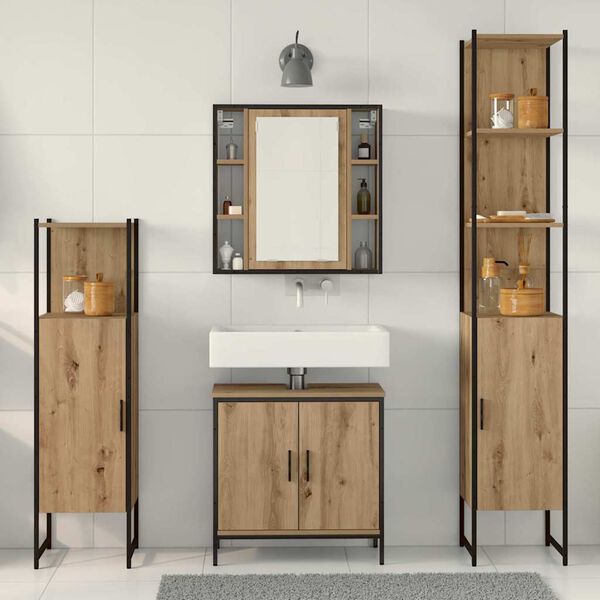 vidaXL Badezimmerm&ouml;bel-Set mit Regal mit T&uuml;r 4 pcs Braun Holzwerkstoff