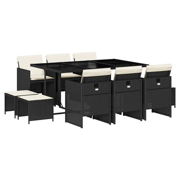 vidaXL 11-tlg. Garten-Essgruppe mit Kissen Schwarz Poly Rattan