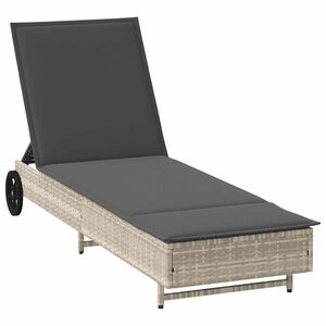 vidaXL Sonnenliege mit Rollen und Auflage Hellgrau Poly Rattan