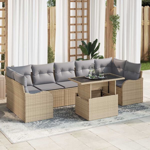 vidaXL Garten-Sofa-Set mit Kissen mit Speicher 8 pcs Beige Poly Rattan