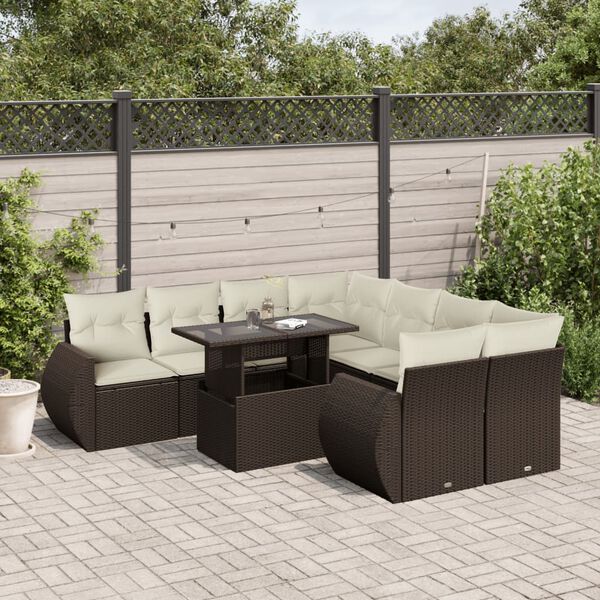 vidaXL 9-tlg. Garten-Sofagarnitur mit Kissen Braun Poly Rattan