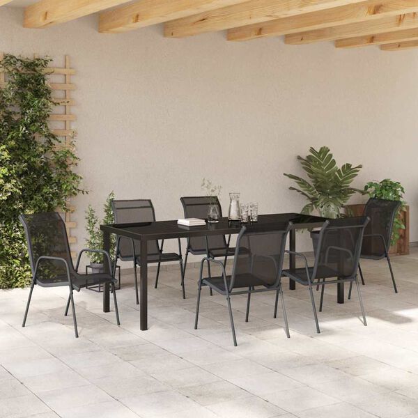 vidaXL Garten Essgruppe 7 pcs Schwarz Pulverbeschichteter Stahl