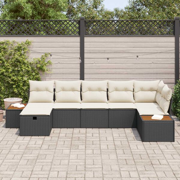 vidaXL Garten-Sofa-Set mit Kissen 7 pcs Schwarz Poly Rattan