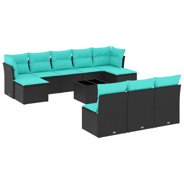 vidaXL 11-tlg. Garten-Sofagarnitur mit Kissen Schwarz Poly Rattan