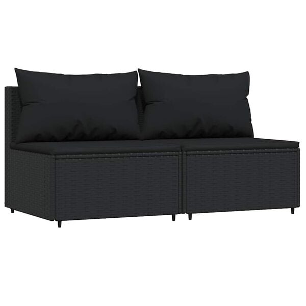 vidaXL Garten-Mittelsofas mit Kissen 2 Stk. Schwarz Poly Rattan