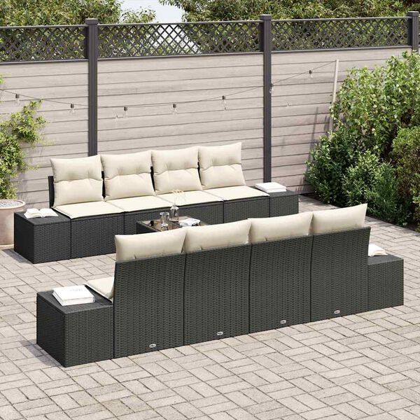 vidaXL Garten-Sofa-Set mit Kissen 8 pcs Schwarz und Creme Poly-Rattan