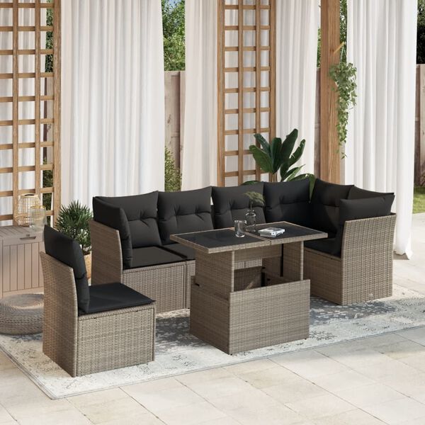 vidaXL 7-tlg. Garten-Sofagarnitur mit Kissen Hellgrau Poly Rattan