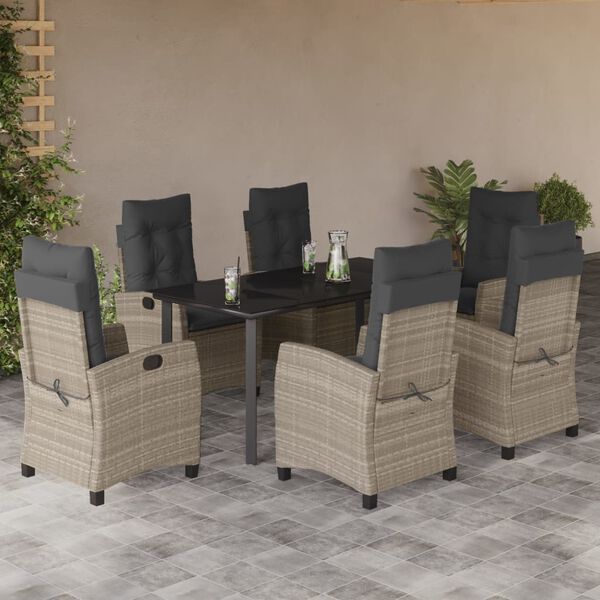 vidaXL 7-tlg. Garten-Essgruppe mit Kissen Hellgrau Poly Rattan