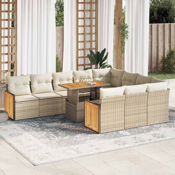 vidaXL 11-tlg. Garten-Sofagarnitur mit Kissen Beige Poly Rattan Akazie