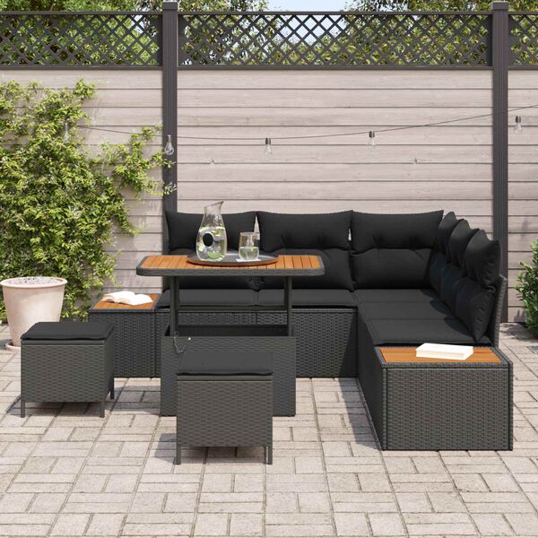 vidaXL Garten-Sofa-Set mit Kissen mit Speicher Schwarz Poly Rattan
