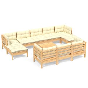 vidaXL 11-tlg. Garten-Lounge-Set mit Creme Kissen Massivholz Kiefer