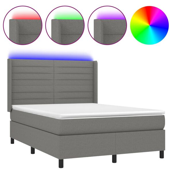 vidaXL Boxspringbett mit Matratze & LED Dunkelgrau 140x190 cm Stoff