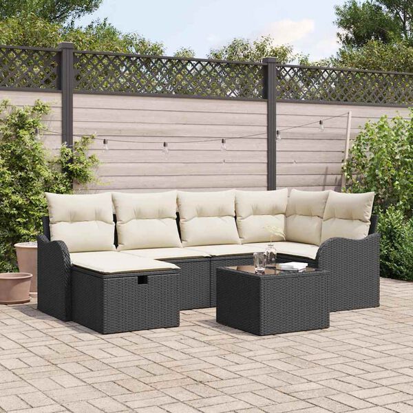 vidaXL Garten-Sofa-Set mit Kissen 7 pcs Schwarz Poly Rattan